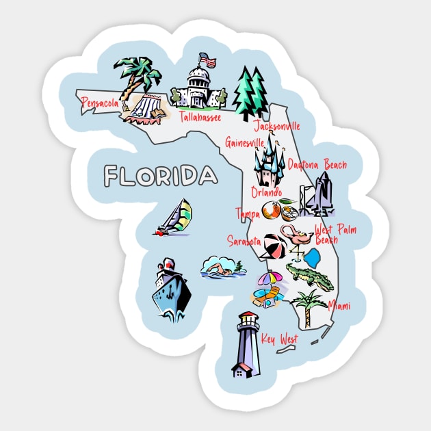 tourism map of Florida state, USA, major cities, attractions, flag Sticker by Mashmosh